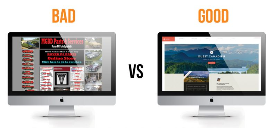 Side-by-side comparison of a poorly designed website and a modern, professional WordPress site.