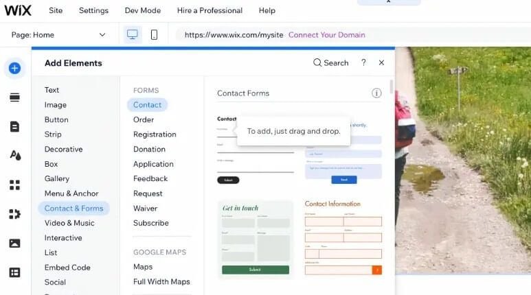 Screenshot of Wix drag-and-drop editor with website template open
