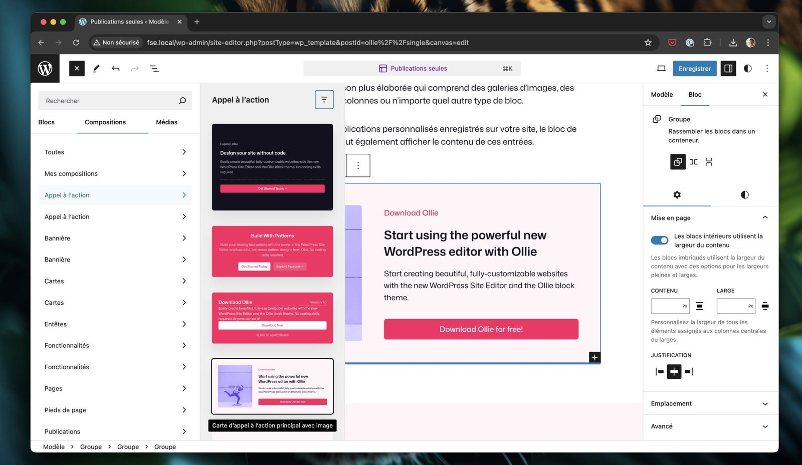 Interface WordPress montrant l’éditeur de blocs pour personnaliser le site web